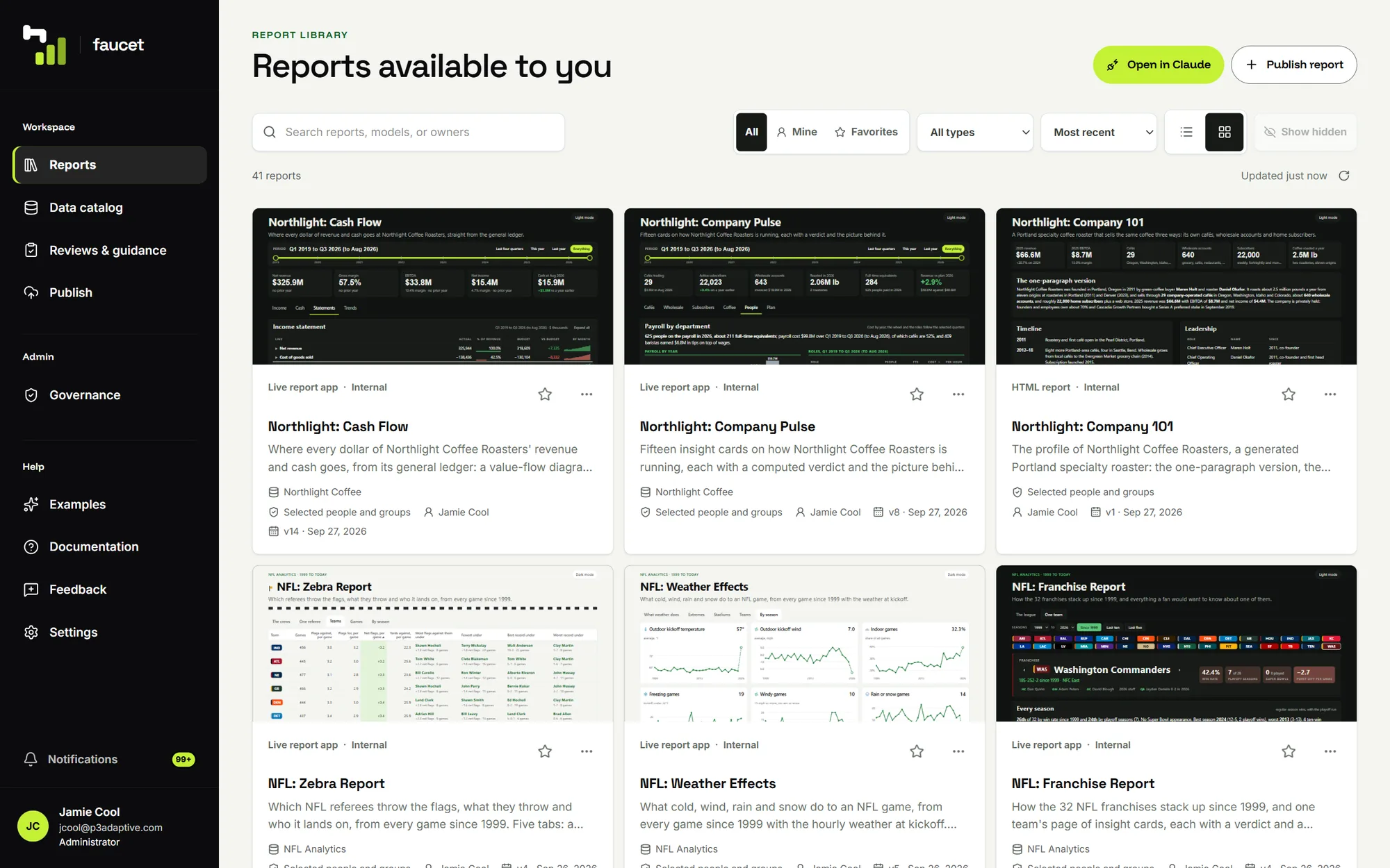 The Faucet report library in tile view: published reports shown as live thumbnails, each with its source model, audience, owner and version