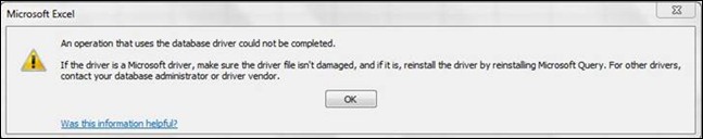 An operation that uses the database driver could not be completed - seen after downgrading PowerPivot v2 to v1.