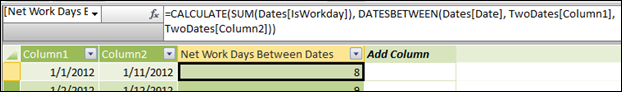 NETWORKDAYS in PowerPivot:  =CALCULATE(SUM(Dates[IsWorkday]), DATESBETWEEN(Dates[Date], TwoDates[Column1], TwoDates[Column2]))