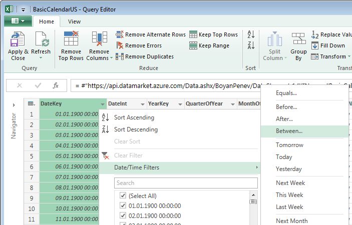 Using the Date Time Filter in the Power Query Editor