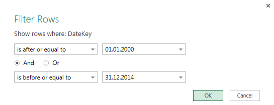 Select the start and end date for the date filter in the Power Query Editor