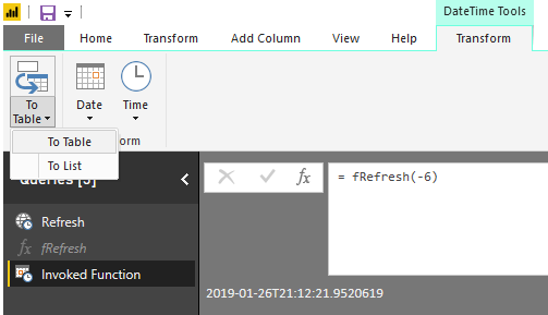 DST Refresh Date Function Power BI Service. Transform to table. 