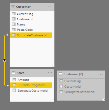 Customer lookup has a direct relationship with Sales transaction table via Customer[SurrogateCustomerId] and Sales[CurrentSurrogateId]. A copy of Customer table is a disconnected and hidden table used for LOOKUPVALUE(). 