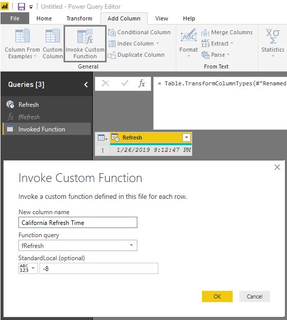 DST Refresh Date Function Power BI Service - add column: Invoke function in Custom Column