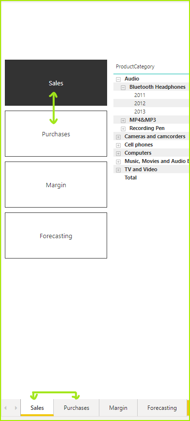 P3 Adaptive image showing Power BI Page Navigator with arrows to the system created page names and order.