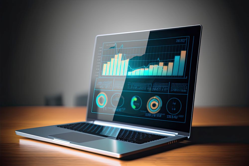 a laptop with images of a power bi implementation guide