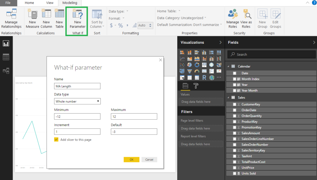 What-if-parameter window with moving averages settings