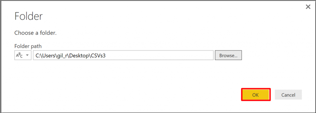 Select the folder of CSV files to combine in Power BI