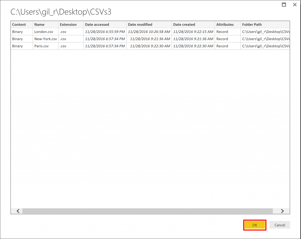 Select the folder of CSV files to combine in Power BI