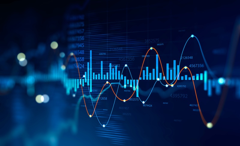 Futuristic HUD digital graph interface over blurry dark blue background. Concept of stock market and trading. 3d rendering double exposure