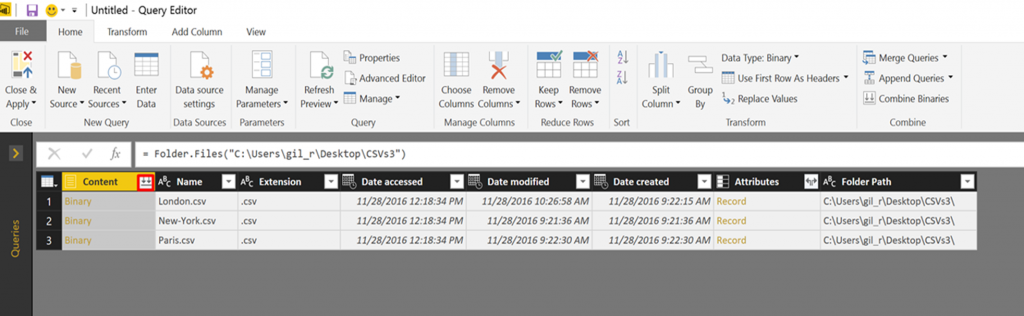 Click the Combine Binaries button to append all CSV files from a folder in Power BI