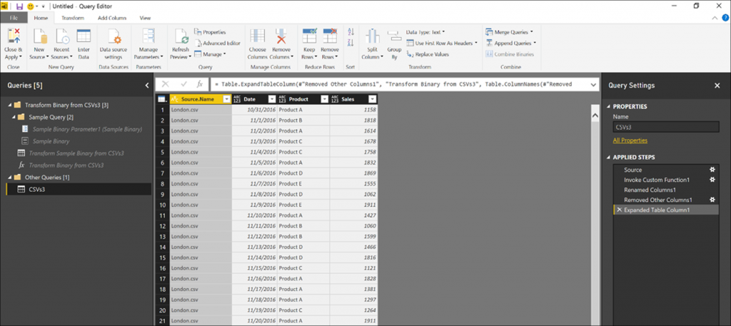 Power BI Desktop appends all CSV files from a folder, including the filename