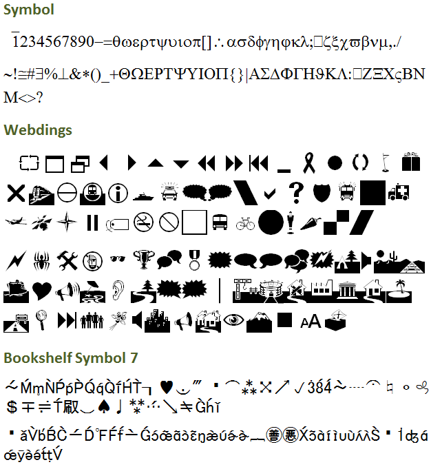 Use in Slicers: Symbol, Webdings, and Bookshelf Symbol 7 (Again, Typeable Chars Only)