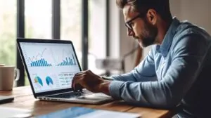 A man using Microsoft Fabric Data Analytics on his laptop to organize a data lake