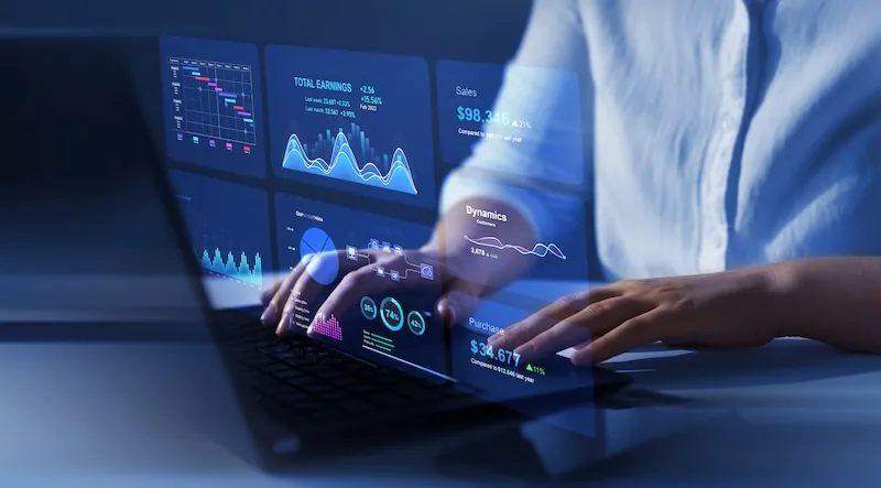 Business finance data analytics graph.Financial management technology.Advisor using KPI Dashboard on virtual screen.